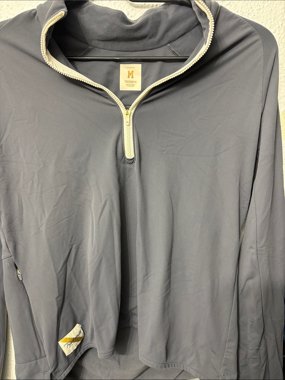 Tracksmith women Slate Gray Half-Zip Pullover with Cream Trim